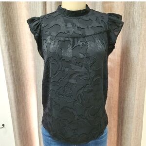 LOFT Black Textured Floral Blouse